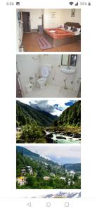 two pictures of a bathroom with a view of a mountain at Hotel Manali Jain Cottage in Manāli