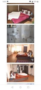 two pictures of a room with two beds and a sink at Hotel Manali Jain Cottage in Manāli