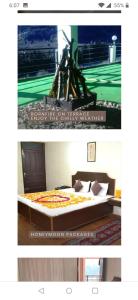 two pictures of a bedroom with a bed in a room at Hotel Manali Jain Cottage in Manāli
