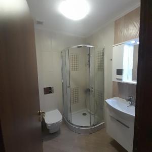 a bathroom with a shower and a toilet and a sink at VIP apartmens Suvorov 1 in Bansko