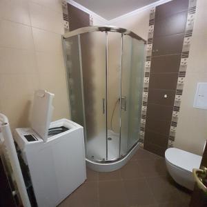 a bathroom with a shower and a toilet at VIP apartmens Suvorov 1 in Bansko