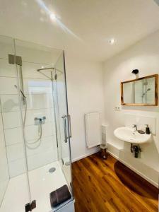 bagno con doccia in vetro e lavandino di Zentrales Apartment mit großer Terrasse a Braunschweig