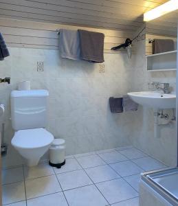 łazienka z toaletą i umywalką w obiekcie Apartments Arcadia w mieście Saas-Grund
