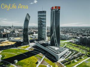 an aerial view of a city with tall buildings at Dimora Scarampo in Milan