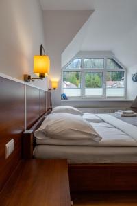 a bedroom with a large bed and a window at Krynica Apartamenty Apartament typu studio Deptak in Krynica Zdrój