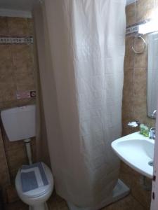 a bathroom with a toilet and a sink with a shower curtain at Bambola Apartments by Booking Kottas in Nea Moudania