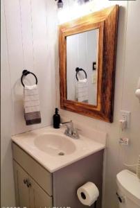 a bathroom with a sink and a mirror at 3 BR Centrally Located Poconos Chalet in Tobyhanna