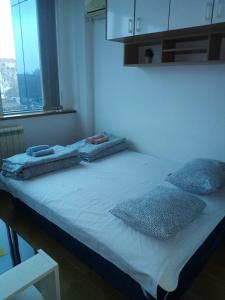 un lit avec deux oreillers dessus dans une chambre dans l'établissement Central apartment with 24-7 building security, à Novi Sad