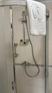 a shower with a glass door and a towel at ELEA Apartment Mountain Lodge Pamporovo in Pamporovo