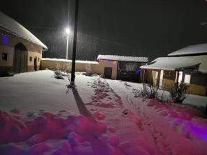 a snow covered street at night with a street light at Casa Izvorul Rece in Hobiţa