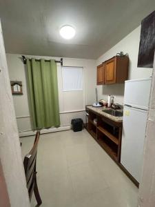 a kitchen with a green curtain and a refrigerator at *PRIVATE* Studio 5 minutes from LGA/ US Open in East Elmhurst