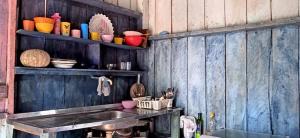 a kitchen with a sink and wooden walls at Private Beach Jungle Cabañas in Manacapuru