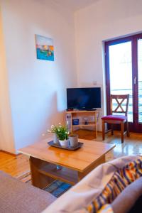ein Wohnzimmer mit einem Couchtisch und einem TV in der Unterkunft Guesthouse Nevenko in Kupres