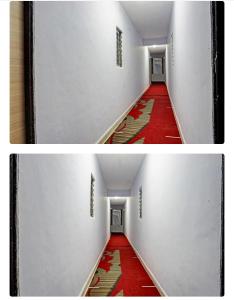 a hallway with a red carpet and a white wall at Lotus Guest House in Kharakvasla