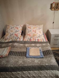 ein Schlafzimmer mit einem Bett mit einer Decke und Kissen in der Unterkunft Sodyba Skardupiai in Vidgiriai