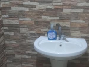 eine Flasche Seife auf einem Waschbecken im Bad in der Unterkunft Rum Bedouin House in Disah