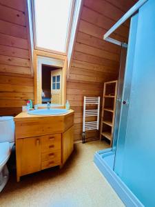 baño con lavabo y aseo y ventana en Fifth Element Retreat, en Borzont