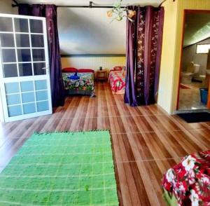 Studio Rava 1 Room Fare Tepua Lodge في أوتوروا: غرفة معيشة مع سجادة خضراء على أرضية خشبية