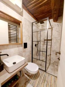 a bathroom with a shower and a toilet and a sink at Talismano Luxury Suite & Loft & Alcova in Naples