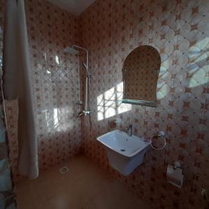 a bathroom with a sink and a shower and a mirror at Atom Height Apartments in Tema
