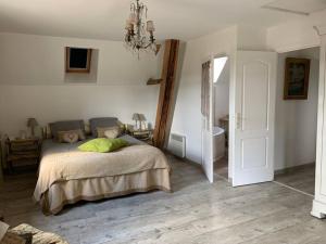 ein Schlafzimmer mit einem Bett und einem Kronleuchter in der Unterkunft Maison au cœur du Perche in Val-au-Perche