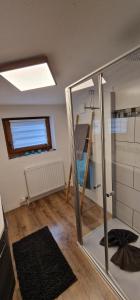 a bathroom with a glass shower in a room at Appartement Gletscher-Koje in Tux