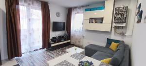 a living room with a couch and a tv at Flory Holiday in Sibiu