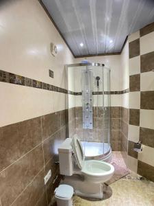 La salle de bains est pourvue d'une douche et de toilettes. dans l'établissement Two sisters, à Bakuriani