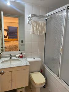 W łazience znajduje się toaleta, umywalka i prysznic. w obiekcie Precioso depto vista al mar Concon Condominio Tipo Resort 2 dormitorios w mieście Concón
