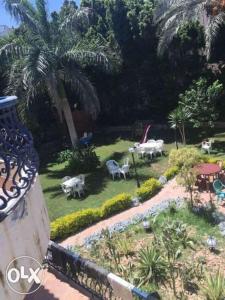 uitzicht op een tuin met tafels en stoelen bij Cheerful villa with pool in Alexandria (El agami) in Alexandrië
