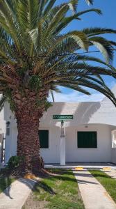 una palmera frente a un edificio con un letrero en la calle en El Esparragal Santa Clara del Mar en Santa Clara del Mar