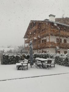een sneeuwstorm voor een gebouw met een tafel en banken bij Ca' del Sole in San Vito di Cadore