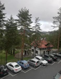 a parking lot with cars parked in front of a building at Lana in Zlatibor