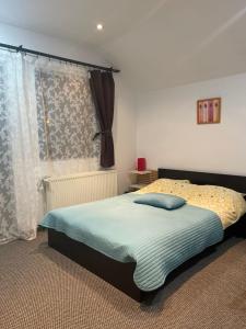 a bedroom with a bed and a window at Hygge House in Buşteni