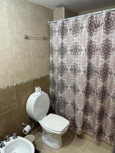 a bathroom with a toilet and a shower curtain at Apart Momias del Llullaillaco II Anexo Av. Belgrano in Salta +10 photos