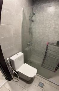 a bathroom with a shower with a toilet and a glass shower at Gentle Breeze Studio1 in Amman