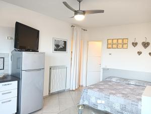1 dormitorio con nevera blanca y TV en Monolocale Tre Mari, en Capoliveri