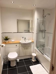 a bathroom with a toilet and a sink and a shower at Luxurious river view apartment in London