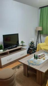 uma sala de estar com uma televisão e uma mesa de centro em Apartman Vule em Pale
