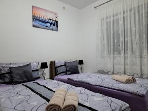two beds sitting next to each other in a bedroom at Apartmani Marijamagdalena in Gračac