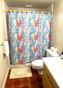 a bathroom with a shower curtain and a toilet at Beach Villa 215 in Humacao