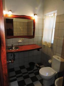 a bathroom with a toilet and a sink and a mirror at Hostería Las Lomas in Cortaderas