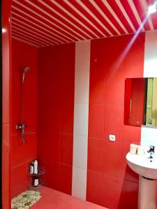ein rotes Badezimmer mit einer Dusche und einem Waschbecken in der Unterkunft Homee in Tbilisi City