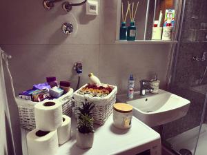 a bathroom with a sink and toiletries on a counter at Ski, cocoa & novel apartment Bjelašnica, garage & ski room in Bjelašnica