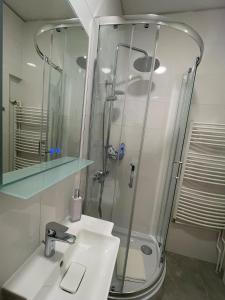 een badkamer met een glazen douche en een wastafel bij JS Design Apartment in Graz