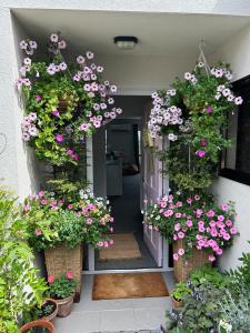 an entrance to a house with flowering plants and flowers at Queenstown Retreat in Queenstown