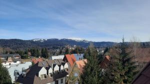 an aerial view of a town with snow covered mountains at Pogled Apartman Kopaonik in Kopaonik