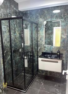 a bathroom with a shower and a sink at Vila Mete Apartment's in Korçë