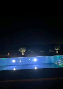 une clôture bleue avec des palmiers en arrière-plan la nuit dans l'établissement كعب غزال, à Merzouga
