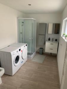 ein Badezimmer mit einer Waschmaschine und einem WC in der Unterkunft Logement entier 100m2 in Sin-le-Noble